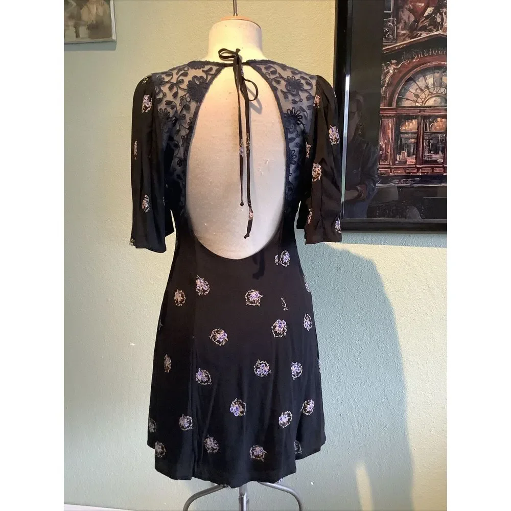 Free People Size 6 Mockingbird Black Clove Floral Mini Dress $128 New - Picture 2 of 9